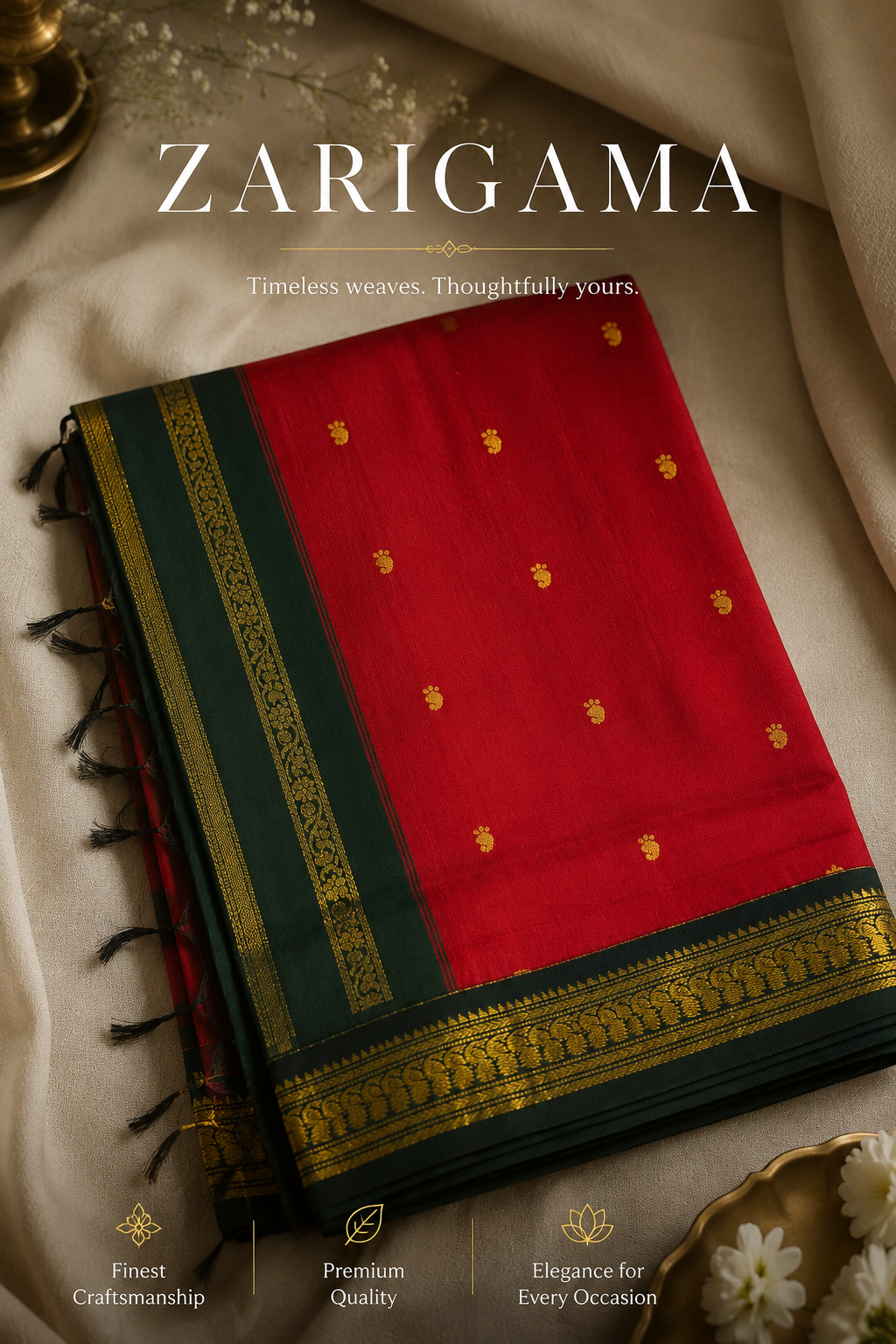 A folded red and dark green saree with gold zari borders and small gold motifs, displayed on a beige fabric surface with decorative props. The brand name ZARIGAMA is printed at the top.